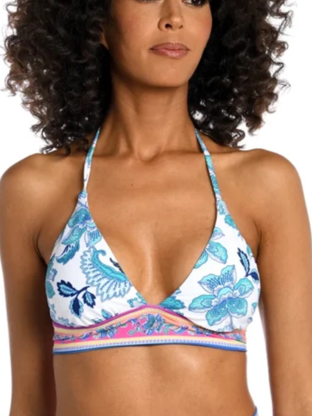 La Blanca White Floral Triangle Bikini Top with Blue and Pink Accents